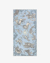 A pale blue and grey silk scarf with mythological creatures intertwined with ornate swirls and floral motifs.