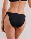 A back view of a black bathing suit bottom. Bottoms feature a double braided side detail and low rise design.