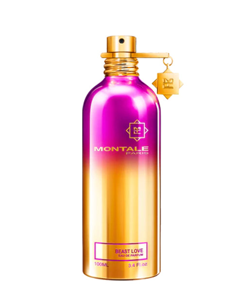 A bottle of perfume featuring an elegant gold and pink label, showcasing a luxurious and sophisticated design.