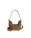 A brown suede handbag with a single shoulder strap and gold-tone hardware. The bag features an embossed floral pattern on the front and sides, with a small gold logo at the bottom center. The strap is adjustable with gold buckles on each side.