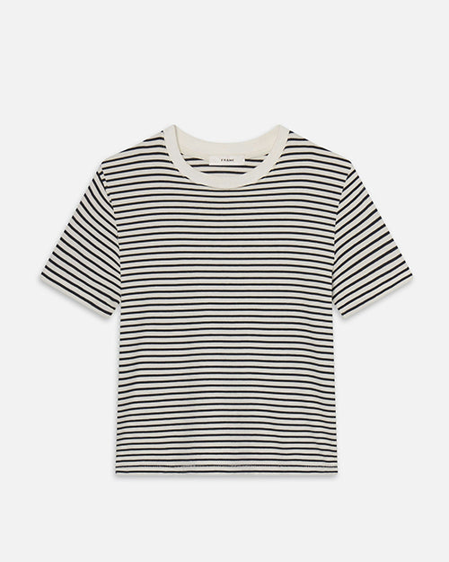 A short-sleeved, crew-neck t-shirt with thin horizontal black and white stripes. The stripes are evenly spaced and run across the entire shirt, including the sleeves. The neckline is solid white, contrasting with the striped pattern of the rest of the shirt. The background is plain white.