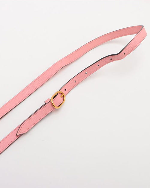 A pink shoulder strap with a gold-colored buckle with multiple holes for adjustment.