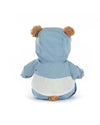 Back view of a plush teddy bear wearing a light blue hooded jacket with white trim, showing brown ears and a fluffy tail sticking out from the jacket.