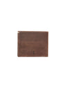 A back view of a classic single brown leather wallet with visible contrasting stitching along the edges. An embossed logo is visible at the bottom of the wallet.