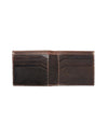 An open brown leather wallet with multiple card slots. There is contrasting stitching and four card slots on each side, with a cash slot at the top. A 'Lucchese' logo on the left bottom corner.
