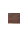 A classic single brown leather wallet with visible contrasting stitching along the edges.