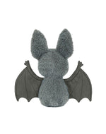 Rear view of a plush bat toy with large fluffy ears, a soft furry body, and outstretched wings made of structured fabric resembling real bat wings.
