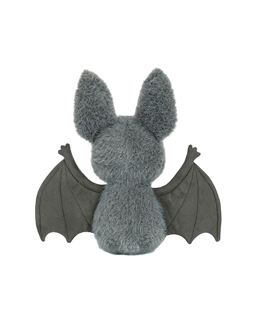 Rear view of a plush bat toy with large fluffy ears, a soft furry body, and outstretched wings made of structured fabric resembling real bat wings.