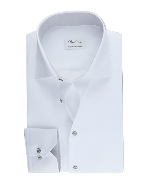 A  white dress shirt with a spread collar, grey buttoned front, and long sleeves featuring rounded cuffs. 
