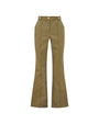 A pair of olive green, high-waisted, flared trousers with a three buttons at the waist.