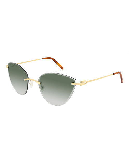 A pair of half-rimmed sunglasses with a gold-tone metal frame, green lenses and brown temples.