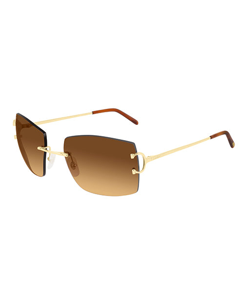 A rimless rectangular sunglasses, lenses in brown and gold temple on a white background. 