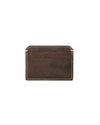 A back view of a dark brown leather card holder with visible stitching along the edges. The card holder has a central pocket and one slot on the front.