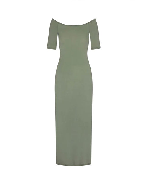 Sage green off the shoulder dress on a white background.