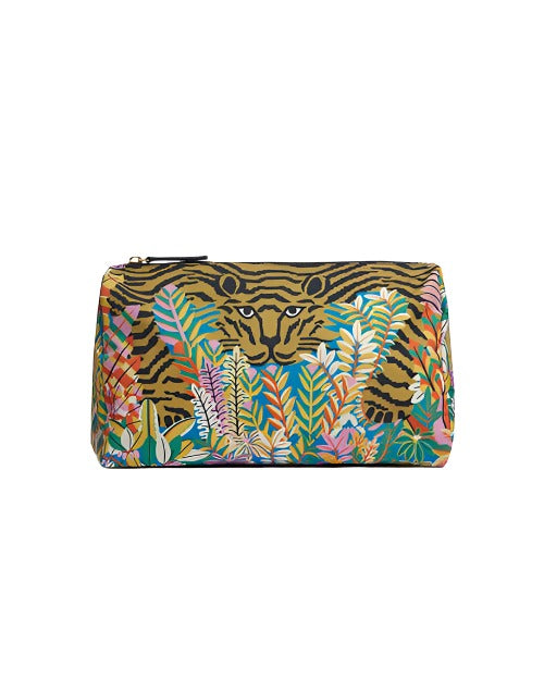 A colorful bag featuring a jungle print with a tiger’s face, surrounded by an array of tropical foliage and flowers. The purse has a cylindrical shape with gold and black accented zip closure.