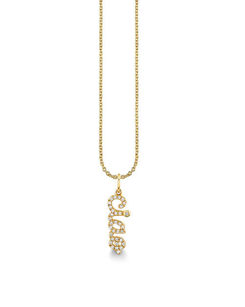 A gold necklace with a pendant with "Cioa" script adorned with pave diamonds. The chain has a delicate and uniform link structure, and the overall design suggests elegance and simplicity.