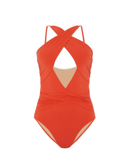 Red/orange one-piece swimsuit with a halter neck design and cut-out details. Swimsuit features a keyhole cut-out below the bust, and horizontal gathered fabric across the midsection for a flattering fit.