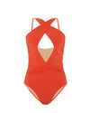 A red/orange one-piece swimsuit with a halter neck design and cut-out details. The swimsuit features crisscross straps at the chest area leading to a halter neckline, a keyhole cut-out below the bust, and horizontal gathered fabric across the midsection for a flattering fit. The interior is lined with beige color material.