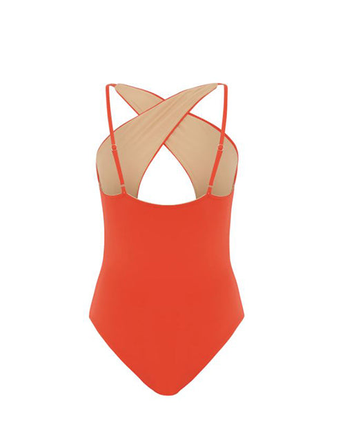 A back view of a red/orange one-piece swimsuit with a high neckline. It features a keyhole cutout at the chest and over-the-shoulder straps that cross at the front and are straight down the back. 