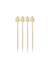 Four sleek, gold metal beverage stirrers are aligned vertically against a white background. Each stick has an ornate fan-shaped top, creating an elegant, modern look.