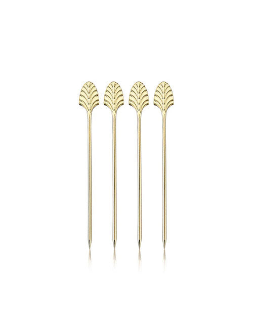 Four sleek, gold metal beverage stirrers are aligned vertically against a white background. Each stick has an ornate fan-shaped top, creating an elegant, modern look.