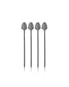 Four sleek, silver metal beverage stirrers are aligned vertically against a white background. Each stick has an ornate fan-shaped top, creating an elegant, modern look.