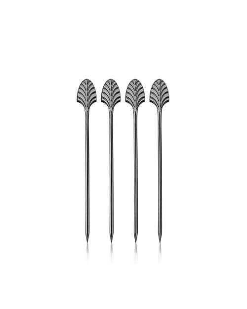 Four sleek, silver metal beverage stirrers are aligned vertically against a white background. Each stick has an ornate fan-shaped top, creating an elegant, modern look.