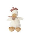 A plush duck toy with a cream-colored body, soft texture, visible wings, and oversized feet. The duck wears a brown knitted hat and a matching scarf. 