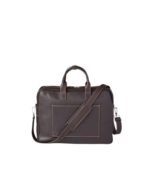 Back view of a dark brown leather briefcase with sturdy handles on top and an adjustable shoulder strap attached to the sides.