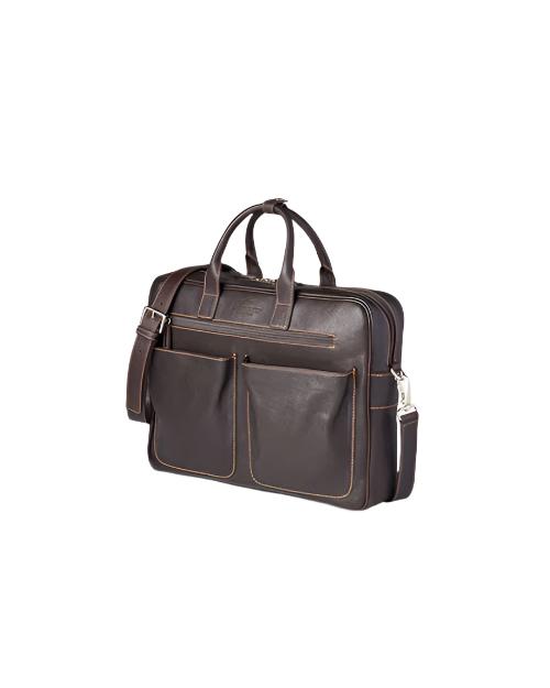 Side view of a dark brown leather briefcase with a front pocket and silver-colored metal accents. The briefcase has 
 sturdy handles on top and an adjustable shoulder strap attached to the sides.