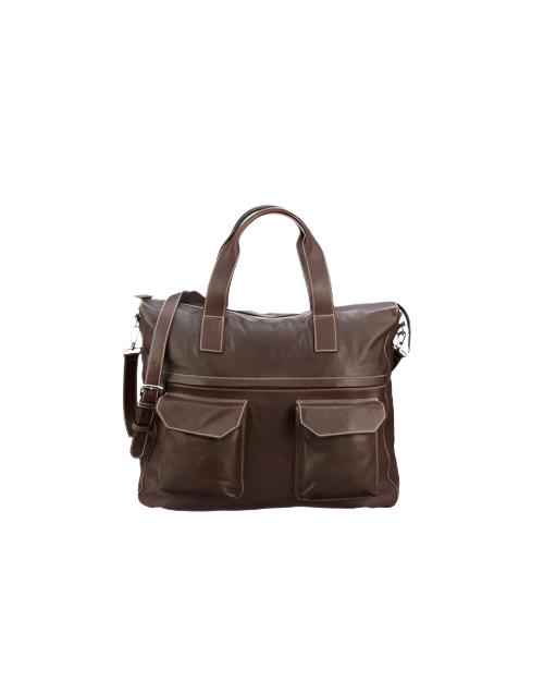 A brown leather satchel travel bag with a shoulder strap and handles. The bag features two front pockets with flaps and a zipper closure on top.