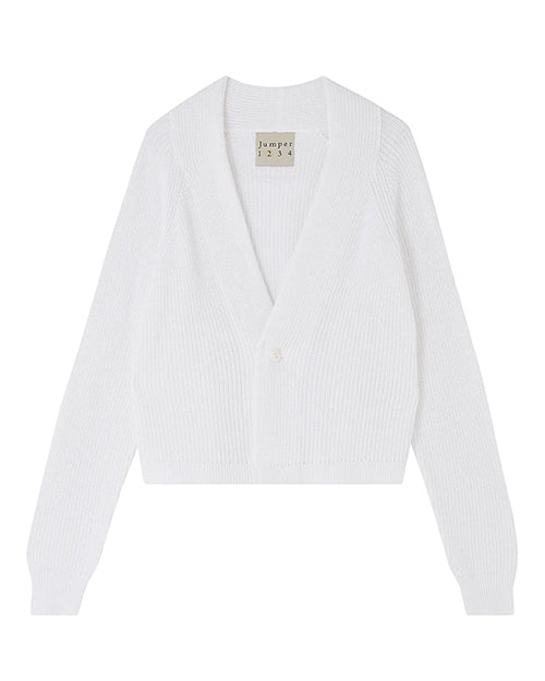 A complete frontal image of a white cardigan sweater with a deep V-neck and a single button closure at the front. The sweater has long sleeves and ribbed detailing throughout. The label inside the collar reads "Jumper 1 2 3 4".