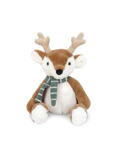 Plush toy deer with antlers, wearing a green and white striped scarf.