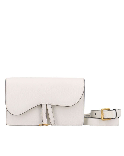  A white clutch purse with a curved flap closure, and a gold-colored clasp, accompanied by a matching white belt with a gold buckle. 