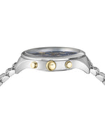 Close-up side view of a silver wristwatch with a metallic band and a round face featuring a blue dial. The watch has three gold-colored side buttons, with the central button being larger and textured for grip, flanked by two smaller smooth buttons.