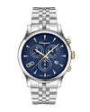 Salvatore Ferragamo watch with blue dial and gold accents, and silver bracelet on white background