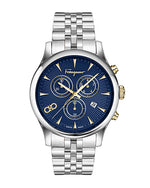 Salvatore Ferragamo watch with blue dial and gold accents, and silver bracelet on white background