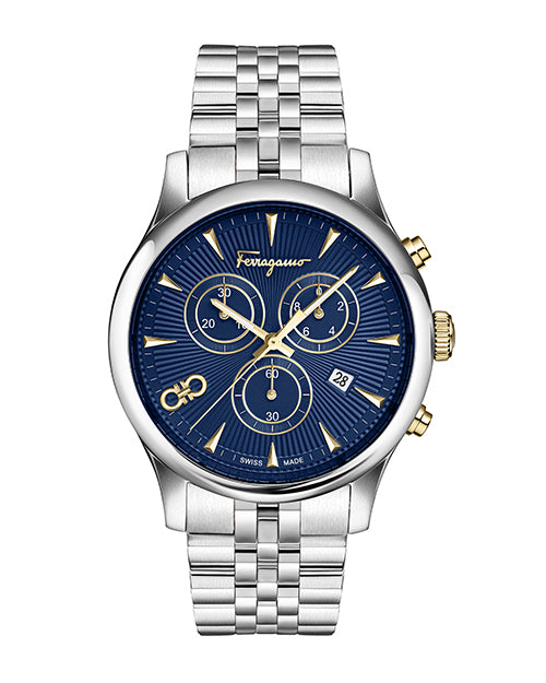 Salvatore Ferragamo watch with blue dial and gold accents, and silver bracelet on white background