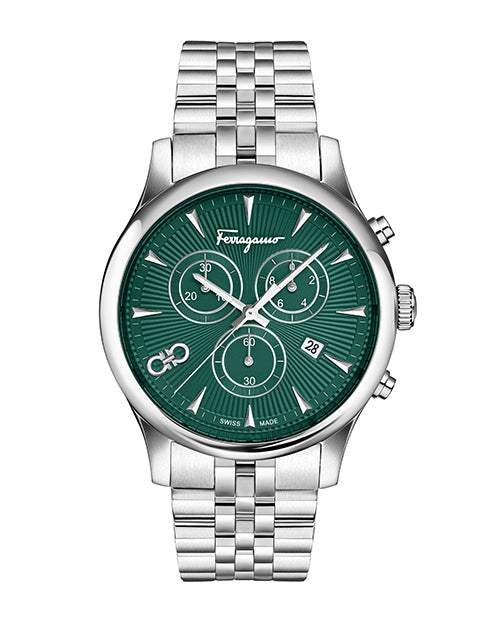 Salvatore Ferragamo watch with green face and silver bracelet on white background