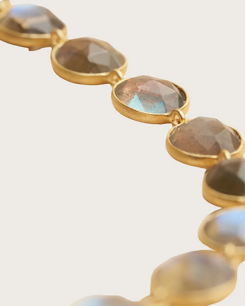 Close-up view of a bracelet featuring oval-shaped, faceted gemstones with reflective surfaces in shades of blue and brown, set in gold-colored metal.