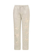 Light grey sweatpants with an elastic waistband and drawstring, featuring vertically arranged decorative cut-out bow designs on both legs.