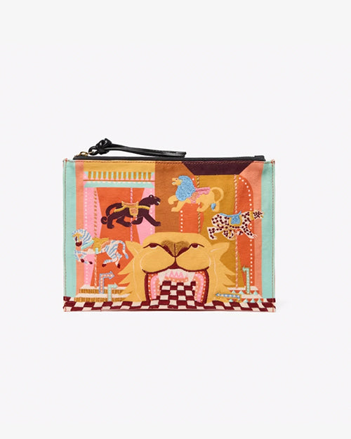 A multi-color pouch with a whimsical circus design featuring animals and a black zipper pull tab. The bag is placed against a white background.