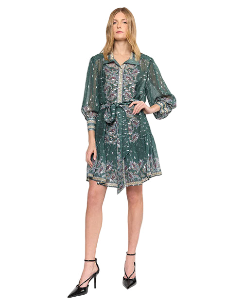 A person is wearing a green, long-sleeved dress with intricate floral patterns and a belt tied at the waist. The dress has a collar and buttons down the front. The person is also wearing black high-heeled shoes with ankle straps.