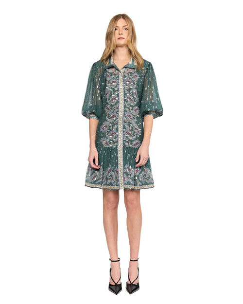 A person wearing a green dress with intricate floral embroidery and embellishments. The dress features sheer elbow-length sleeves, a collar, and buttons down the front, with a hemline that falls above the knees. The person is also wearing black pointed-toe heels with ankle straps.