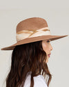 Side view of a woman wearing a brown straw hat with a camouflage band on a light gray background