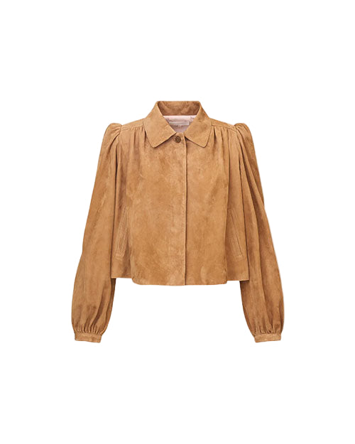 Brown suede cropped jacket with long puffed sleeves, a collar, and button-down front.