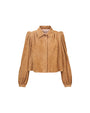 Brown suede cropped jacket with long puffed sleeves, a collar, and button-down front.