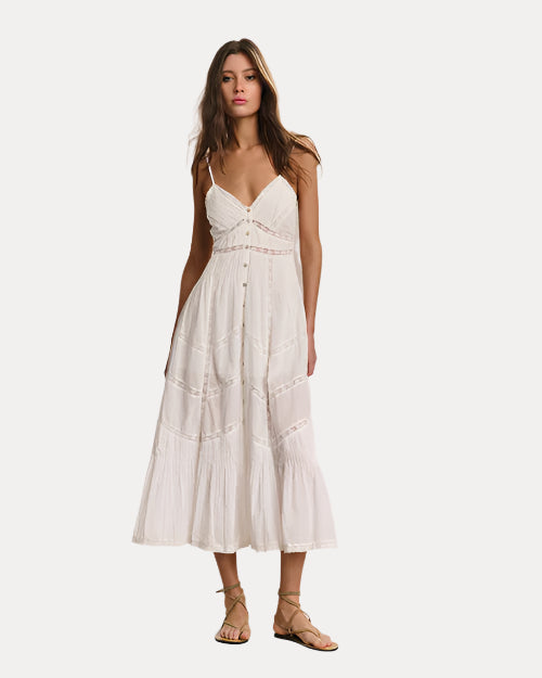 A brunette model wearing a white, sleeveless, ankle-length dress with thin shoulder straps, V-neckline, and linear detailing at the waist. The dress has buttons running down the front and a flowy skirt with zig-zag lace detailing. The model is also wearing beige strapped sandals and standing against a white background.