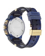 Back view of a Ferragamo wristwatch with a blue textured strap and gold accents. The silver case back is engraved with "FERRAGAMO" in the center, along with "SWISS MADE," "SAPPHIRE CRYSTAL," and "WATER RESISTANT." The gold clasp also features the Ferragamo logo.