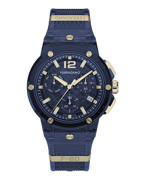 Blue Ferragamo watch with gold accents on a white background
